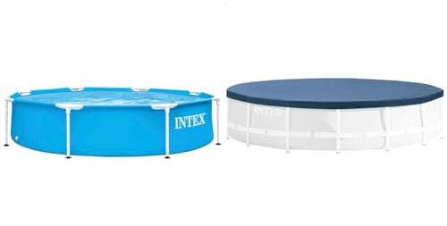 Intex 28205NP - Piscina Desmontable Redonda Metal Frame Familiar Color Azul, Medidas Ø244x51 cm & 50966 - Cobertor para Piscinas Desmontables Metal y Prism Frame 305 cm