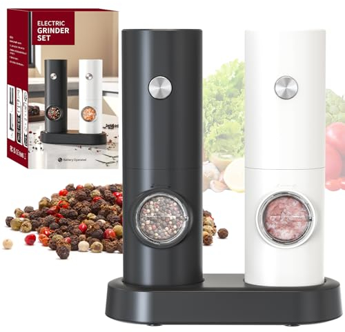CIRCLE JOY Set Macina Sale e Pepe Elettrico a Batteria Macinaspezie con Base, Luce LED Bianca e Rugosità Regolabile, Bianco Nero