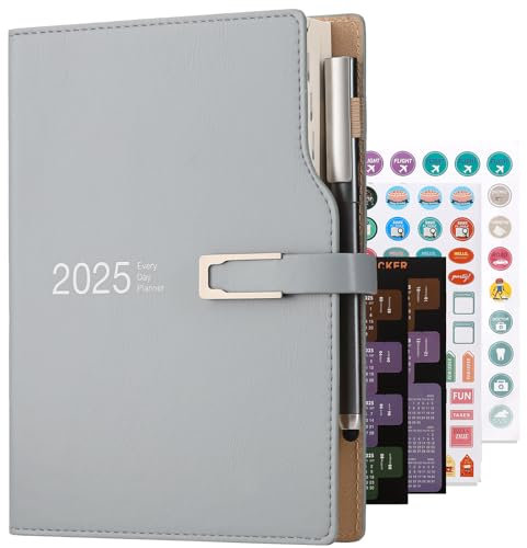 Akademischer Terminplaner 2025, A5-Format, ein Tag pro Seite, Terminplaner mit Kalenderaufklebern, Agenda, Planer mit Stifthalter und Stift, hochwertiges, dickeres Papier, 14 x 21,5 cm, Blau