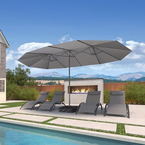 PURPLE LEAF Sombrilla de jardín exterior 455 x 270 cm de aluminio, gran sombrilla doble con LED y pie, para terraza, jardín, balcón y piscina, gris claro, Modèle Classique