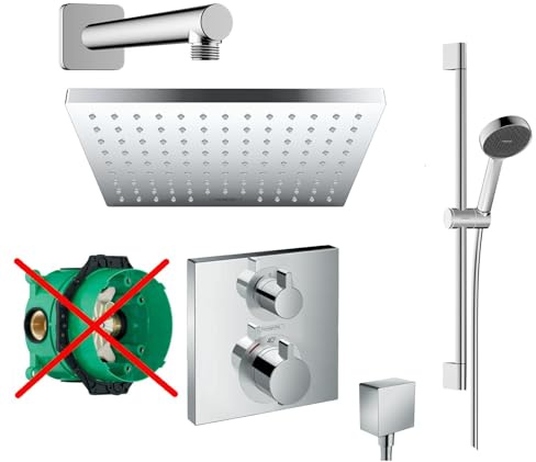 Hansgrohe Duschsystem Unterputz Duscharmatur Hansgrohe poliert HGK13-ob | Duscharmatur von Hansgrohe Ecostat Square Thermostat Armatur und Hansgrohe Regendusche eckig Duschstange Dusch-SET pol.