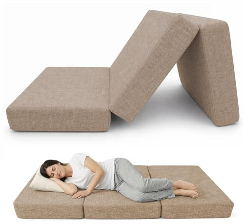 POKAR Hopfällbar Madrass 80x195x15 cm | 3-delad Vikbar Madrass med Avtagbart Överdrag | Bekväm Gästmadrass | Perfekt för Camping, Husbil, Resor eller Golv | OEKO-TEX | Tillverkad i EU | Beige
