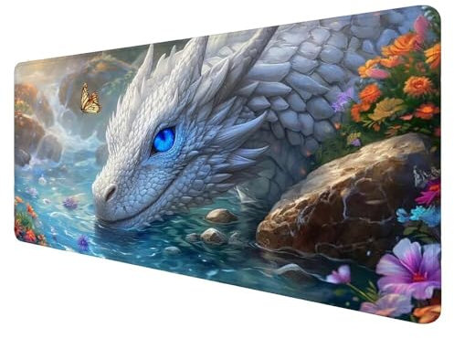 Mouse Mat White Mouse Pad 1200x600x3mm Gaming Mouse Pad Dragon Mousepad with Water Resist Anti-Slip Rubber Base,Stitched Edges Large Desk Mat Mouse Pad Desktop protection, for Home Decoration D-786