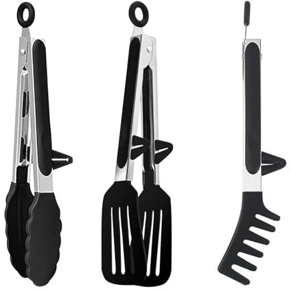 Neuytiky 3 Pezzi Pinze da Cucina,Pinze in Metallo,Pinze da Cucina in Silicone,Pinze Barbecue Antiscivolo in Acciaio Inox Silicone Utensili da Cucina,per Carne,Arrosto,Insalata Nero