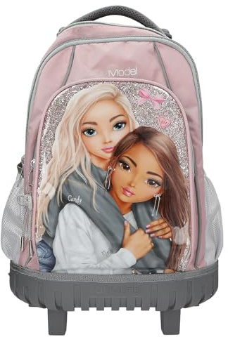 Depesche 13317 TOPModel My BFF - Schulrucksack Trolley in Rosa und Grau, mit Model Motiv und Glitzer, Schultasche mit Teleskopgriff und Rollen