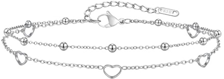 VNOX Fotkedja för kvinnor – dam fotkedja rostfritt stål, dubbla lager med hjärthänge, justerbar 21 + 5 cm, med starkt karbinhake – present till kvinnor/mamma/mor, Sterlingsilver