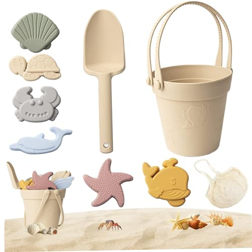 Sandspielzeug, 8 Stück Silikon Strandspielzeug für Kinder, sicheres wasserdichtes Sandspielset mit Schaufeleimer & Formen, reisefreundliches Sommerspielzeug im Freien, Beige