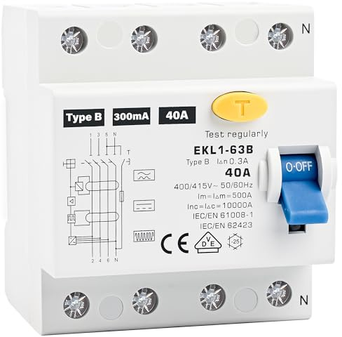 Warmfay® FI Schutzschalter Typ B 40A 300mA 4 Polig, VDE Zertifizierung Fehlerstromschutzschalter RCD Allstromsensitiver Schalter Automat Sicherun für Wallboxen Ladestationen, DIN Hutschiene Montage