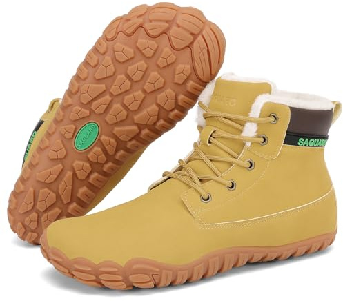 SAGUARO Scarpe Barefoot Uomo Stivaletti Invernali con Pelo Caldo Stivali da Neve Impermeabili Antiscivolo Scarponcini Leggere Minimaliste, Giallo, 41 EU