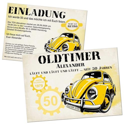 Einladungskarten zum Geburtstag, jedes Alter und Text anpassbar, Retro | Vintage, zweiseitig, als digitale Datei (JPGs) oder gedruckt auf extra dicken Karton, 1-200 Stück
