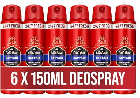 Old Spice Captain Deospray für Männer 6x150 ml, 24/7 Frischhh bei täglicher Anwendung, lang anhaltender Duft in Parfümqualität, Schutz vor Gerüchen, Ohne Aluminiumsalze, unsichtbar auf Schwarz & Weiß