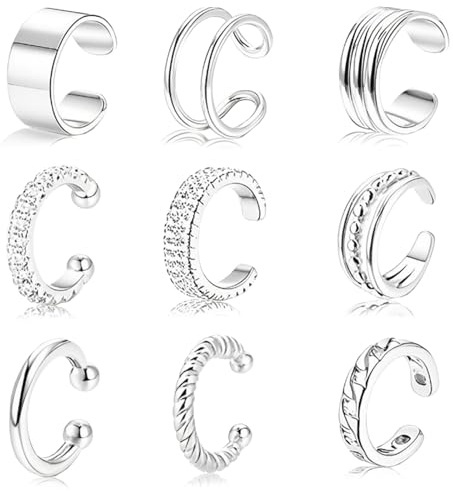 9 Piezas Pendientes sin Agujero Plata Ear Cuff Ajustable Earrings Aretes de Mujer Orejas sin Perforar Pendientes Mujer Cartílago Espiral Falso