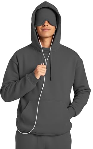 Ainangua Mens Oversized Pullover Essentials Hoodie with Eye Mask Built In Comfor Airplane Mode Travel Sleep Wearable Blanket(Dark-gray,L)