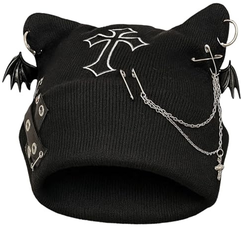 Grunge Clothes, MüTze Mit Ohren, Cat Beanie, Alternative Clothes, Schwarze Strickmütze Mit Katzenohren Im Goth-Stil, Grunge Beanie Für Damen Im Y2K Look, Streetwear Accessoire Für Alternative Outfits