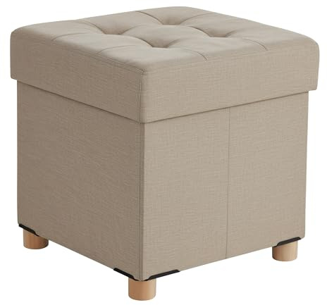 Sgabello Relaxdays con Contenitore, Imbottito, HxLxP: 38 x 38 x 38 cm, Effetto Lino, Gambe in Legno, Quadrato, Beige