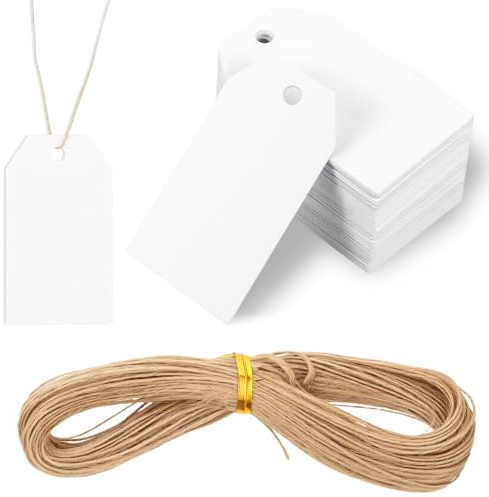 Larrel 100 Stück Geschenk Anhänger, 4 × 7 cm Kärtchen zum Beschriften Preisetiketten mit 20m Juteschnur Kraftpapier Etiketten Trapezförmige Geschenkanhänger für Weihnachten Hochzeit Handwerk, Weiß
