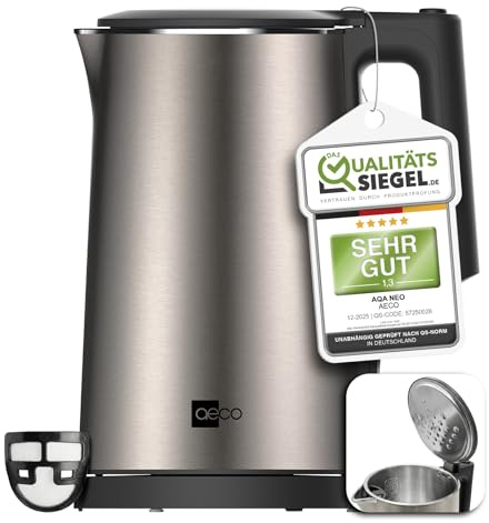 aeco AQA NEO elektrischer Wasserkocher Edelstahl Tee-Kocher Teebereiter electric kettle tea-maker boiler | 1,7 Liter, 2150 Watt, BPA-frei, Kalk-Filter, kabellos, CoolTouch-Doppelwand, Champaign Silber
