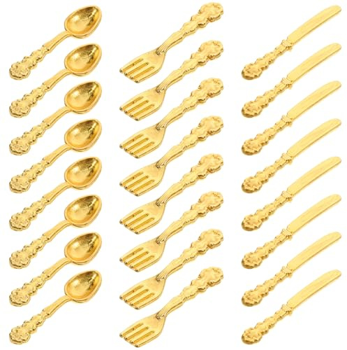Abaodam Set 36 Pezzi Mini Posate in Lega Dorata per Casa delle Bambole Micro Stoviglie Decorative Accessori Mini Cucina per Gioco e Esposizione