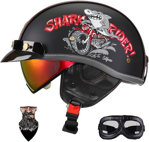 Caimcie Casco da Moto retrò a Mezza Calotta con omologazione ECE/DOT, Casco Leggero da 750 g per ciclomotore/Scooter per Uomo e Donna, Doppie Prese d'Aria, Visiera Rimovibile. I,L=59-60cm