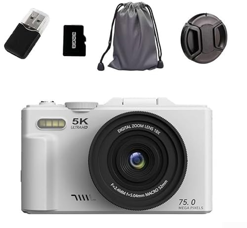 Fotocamera digitale HD 5K 75MP zoom 18X con schermo flip da 3 pollici per selfie e vlogging WiFi connesso per dispositivi iPhone (bianco 32G)