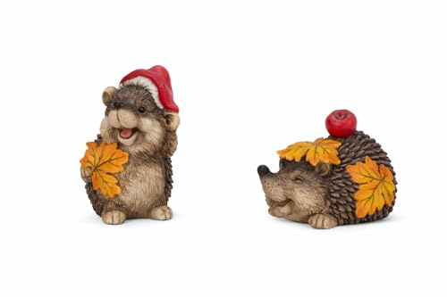 Logbuch-Verlag Herbst Deko Igel Figuren 2er Set 10-15 cm - niedliche Igel mit Herbstblättern und Apfel - Herbstdeko für Tisch, Fensterbank oder Erntedank