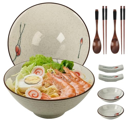 GEEKHOM Japanese Ramen Bowl Set of 2-1200ml Noodle Bowl with Chopsticks & Rests, Spoons & Dipping Bowls (10-Pack) – Microwave & Dishwasher Safe – for Soup, Pho, Udon, Pasta, Salad