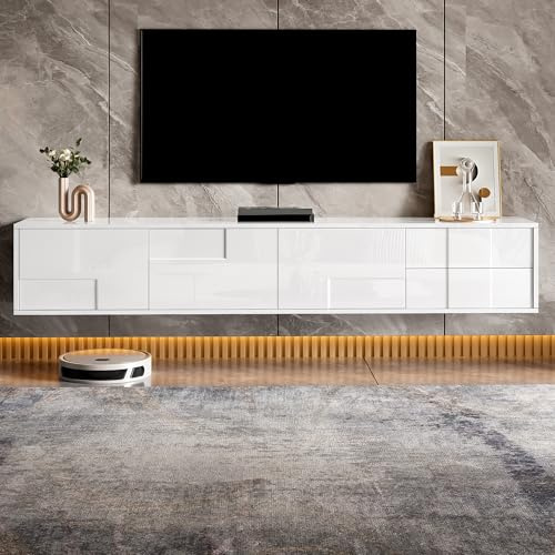 Merax TV Stand Cabinet Modern TV Lowboard Wall Mounted or Freestanding TV Cabinet with 3 Doors & 2 Drawers, High Gloss Handleless Media Console with Storage for Living Room, 167Lx30Wx30H(cm)/White