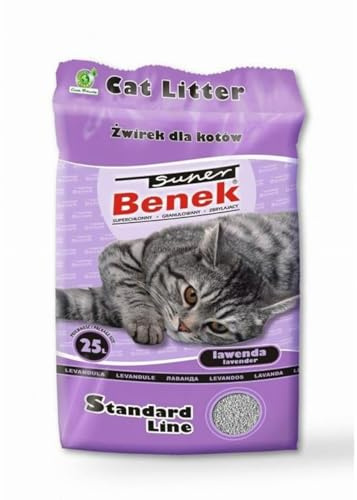 Super Benek Grobkörnige Bentonit-Katzenstreu Lavendel, 25 L, 20 kg | Weniger Heraustragen, Flüssigkeits- und Geruchsbindung, Kompakte Klumpen, Staubarme Formel, Antibakteriell, Klumpstreu
