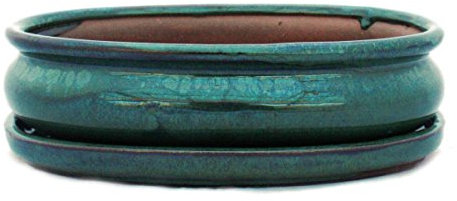 exotenherz - Bonsai-Schale mit Unterteller Gr. 3 - Grün - oval - Modell O47 - L 19cm - B 13,5cm - H 5cm