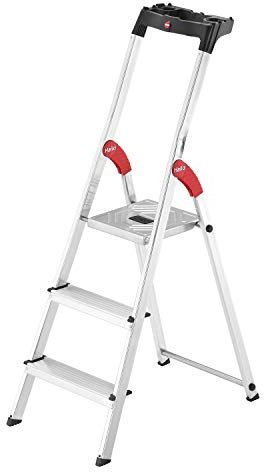 Hailo L60 StandardLine Alu Sicherheits-Stehleiter - klappbare Leiter mit 3 Stufen und Ablageschale - Arbeitshöhe bis 263 cm - Gewicht 3,3 kg - Silber