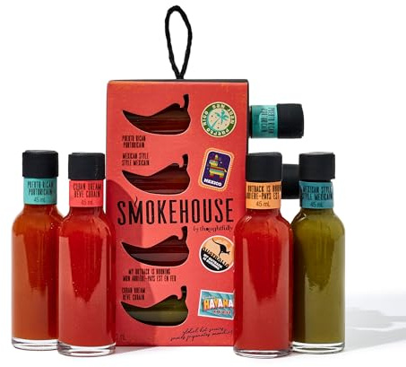 Salsa picante para llevar Smokehouse - set de regalo con 4 salsas de chile | 4 salsas de chile picantes para llevar, inspiración internacional - regalo práctico para hombres y mujeres