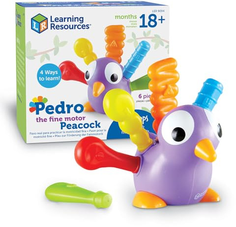 Learning Resources Pedro, der Pfau zur Förderung der Feinmotorik, Ab 18 Monaten, Lernspiel Farben, Zahlen und Oberflächenstrukturen, 5 einsteckbare Federn