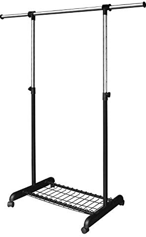 LiaMeE Adjustable Clothing Rack for Hanging Clothes, Heavy Duty Garment Rack with Wheels，Free Standing Rolling Clothes Rack with Shelf & Grid, Easy Assembly Standard Rod, Black & Chrome