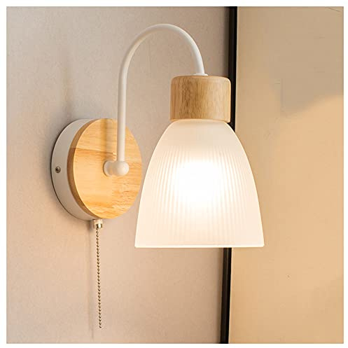 Solid Wood Iron Art Wall Lamp E27 Modern Minimalist Style Glass Wall Sconce with Pull Cord Switch Bedroom Bedside Lamps Study Living Room Balcony Staircase Wall Lamp(5w,3000k),White