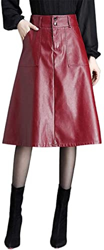 Lazutom Falda midi de piel sintética de cintura alta para mujer, rosso, 38