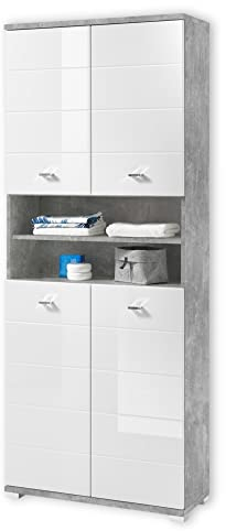Stella Trading Badezimmer Hochschrank in Beton Optik, Weiß - Moderner Badezimmerschrank Bad Schrank mit viel Stauraum - 76 x 190 x 31 cm (B/H/T)