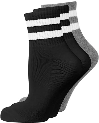 Nur Die Pack de 3 calcetines cortos de tenis retro con rayas de algodón transpirable para mujer, negro/gris, 35-38