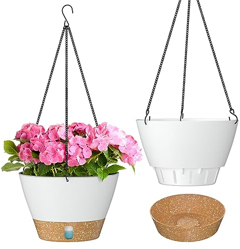 ZMTECH 25cm Hanging Plant Pots 10 Inches Hanging Planters with Saucer Drainage Holes Visible Water Level Hanging Pots for Indoor Outdoor Plants (Set of 2, White)