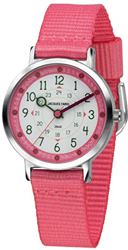 JACQUES FAREL Happy Learning KOP 24 Montre d'apprentissage à quartz analogique pour enfant avec bracelet en textile Rose Rose, Rose, bracelet