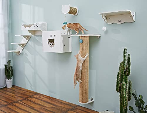 CatS Design Katzen Kletterwand Set XXL große Katzen stabil-Wandkratzbaum-Wandliege-Wandbett-Kletterstufen-Wandhöhle-Wand Kratzsäule-Wandelemente-6 Teilig Holz Wandpark T4