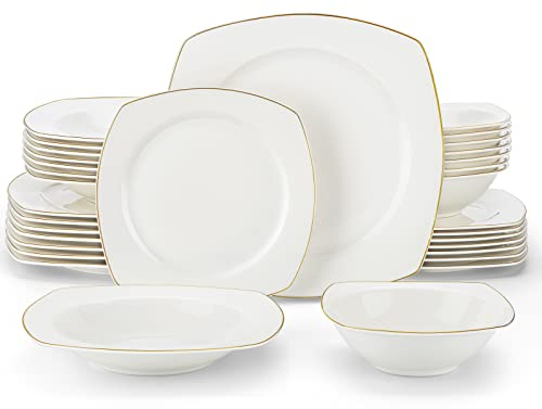 MALACASA Série RAFA Service de Table Porcelaine pour 8 Personnes, Service Vaisselle 32pcs avec 8 Assiettes plates, 8 Assiettes Creuses, 8 Assiettes à Dessert, 8 Bols de Céréales, Blanc avec Bord Doré