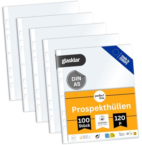 perfect line - 100 Prospekthüllen DIN-A5 - Klarsichtfolien Glasklar, Extra-Stark - Premium-Qualität 120 my, säurefrei, dokumentenecht