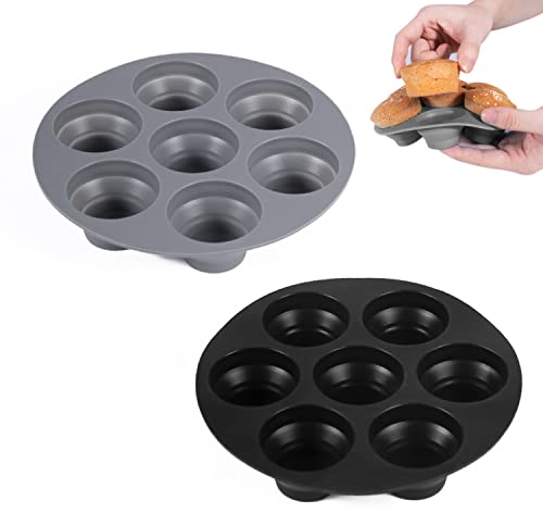 PFLYPF Stampo per torta in silicone, 2 pezzi, vassoio pieghevole stampo per torta friggitrice ad aria, vassoio per muffin a 7 fori, stampo da forno antiaderente (nero, grigio)