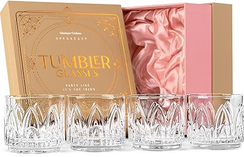GLASSIQUE CADEAU Vintage Art Deco Rum, Gin, Tequila Rocks Kristall Cocktailgläser | 4er Set | 325 ml Stapelbare Kurze Lowball Tumbler Kristallgläser für Cocktails