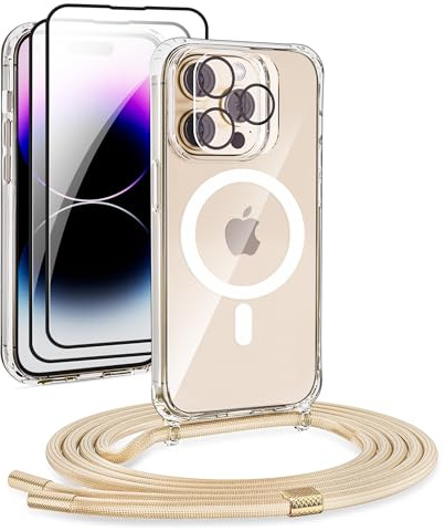 DiDaDi Handyhülle für iPhone 14 Pro Hülle mit Band & Magnet - Transparente Handykette, Abnehmbar mit 2X Panzerglas + Kameraschutz | Profi-Schutz Display & Kamera | Magnetisch Kompatibel (Gold)