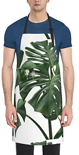KOOLR Monstera Schürze mit Blättern, bedruckt, wasserdicht, mit 2 Taschen, verstellbarer Nackenriemen, für Herren und Damen, Küche, Kochschürzen zum Backen, Malen, Schwarz, Einheitsgröße