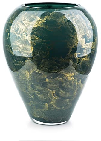 Terroso – Vase – Mundgeblasenes grünes Glas – Luxuriöses Erscheinungsbild, Stilvoll & Elegant - 33 cm hoch - Marmoroptik – Blumenvase