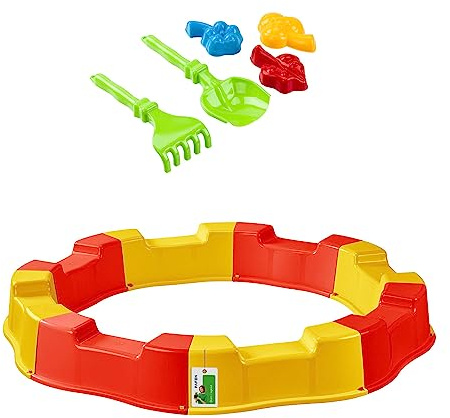 Sandkasten für Kinder mit Spielzeug - 160 x 22 cm - Modularer Sandbox 8 Elemente Runder Sandkiste für Garten Outdoor | Gelb/Rot | Kunststoff