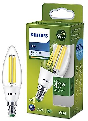 Philips Ultra Efficient - Ultra energy saving lights, LED light source, 40W, B35, E14, Candle Cool White 4000 kelvin, clear