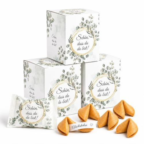 Glückskekse Hochzeit 36x „Schön dass du da bist“ – Gastgeschenke, Deko & Mitgebsel für Gäste – Kekse einzeln verpackt, vegan – Geschenk & Tischdeko zu Taufe, Kommunion & Einschulung – FOOD crew